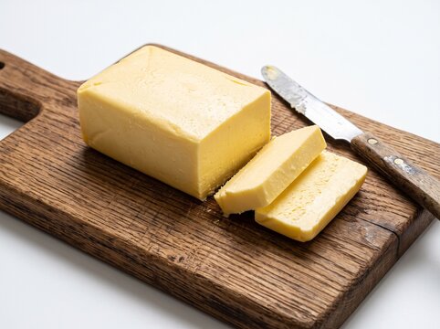 Fresh block of yellow butter on rustic wooden board with metal knife.