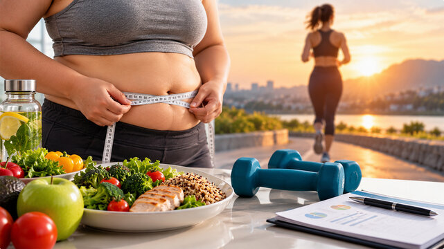 Weight loss and healthy lifestyle concept with woman measuring waist, nutritious food, exercise equipment and female runner at sunset