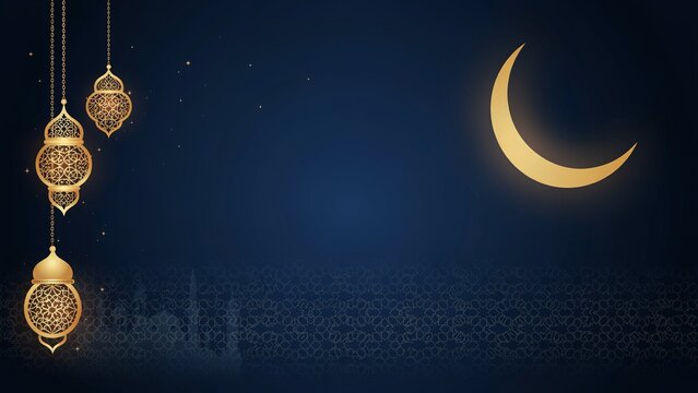 Decorative lanterns hanging under crescent moon against starry night sky with intricate patterns