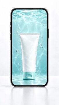 Aquamarine Water Fills Smartphone Screen Around a Blank Skincare Tube