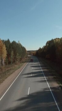 FPV aerial footage flying above an empty two lane highway cutting through colorful autumn forest under clear blue sky, rural countryside road travel concept