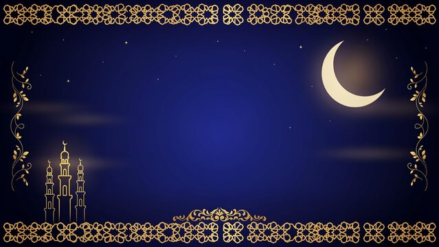 Illuminated crescent moon over twin minaret structures with decorative border under starry night sky