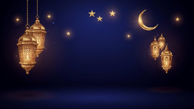 Decorative hanging lanterns glowing under starry night sky with crescent moon with intricate patterns illuminate