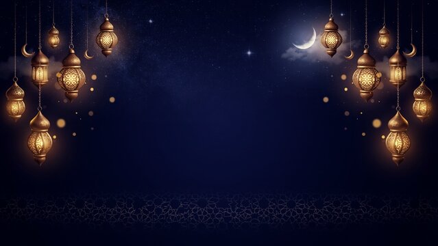 Decorative hanging lanterns glowing against a starry night sky with crescent moon with lanterns create warm