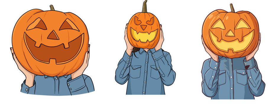 Creepy Halloween Pumpkin Head Men Set Spooky Evil Jack-o-Lantern Mask Male Characters Vector Illustration Isolated on White Background