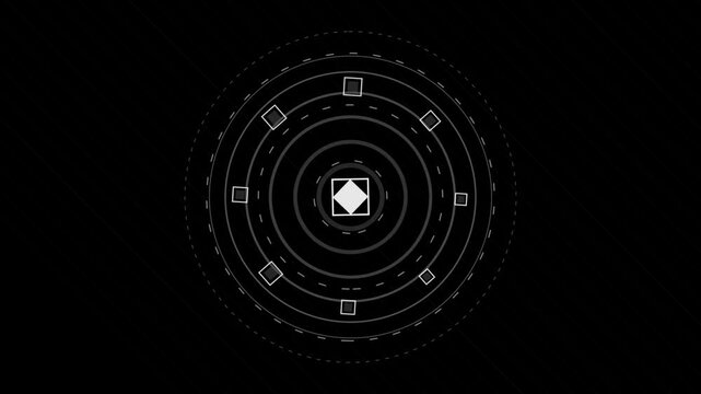 Abstract hud interface with rotating geometric rings and pulsing data