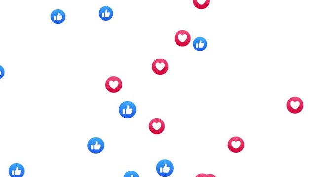 Animated heart and thumbs up reactions floating for social media engagement on white background in 4K