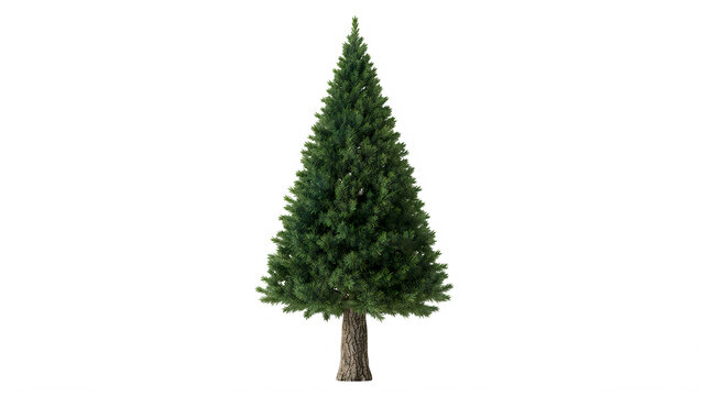 A single lush green coniferous pine tree isolated on a plain surface