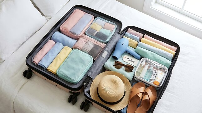 Open suitcase fully packed with neatly organized clothes and travel items