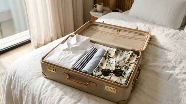 Open vintage suitcase filled with folded clothing and sunglasses on a bed