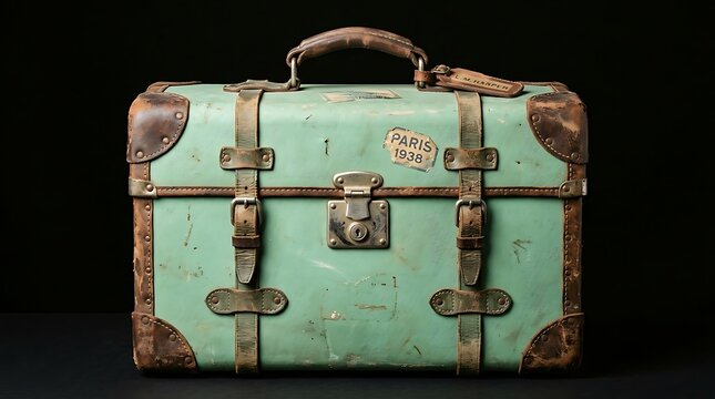 Vintage mint green leather trunk suitcase with straps and brass lock isolated
