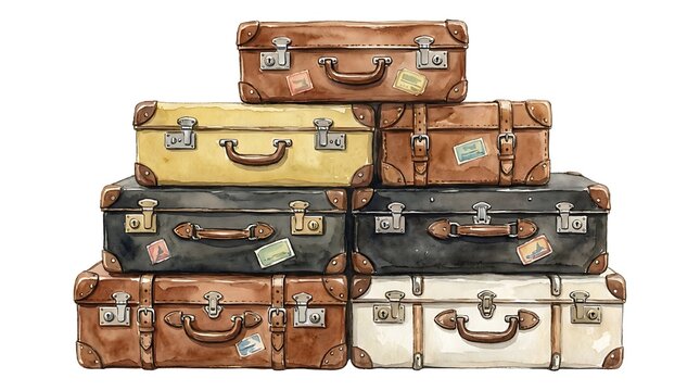 Large stack of various vintage leather suitcases and trunks on white background
