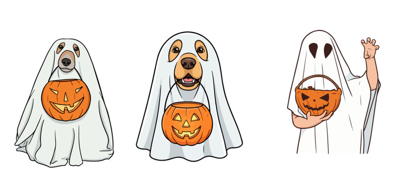 Cute Halloween Ghost Dog and Kid Costume Trick or Treat Set Sheet Ghost Golden Retriever Holding Jack-o-Lantern Bucket Vector Illustration Isolated on White Background