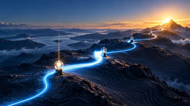 Mountain landscape glowing pathway with lantern toward golden sunrise above mist, winding ridge, dramatic futuristic alpine peak scenery