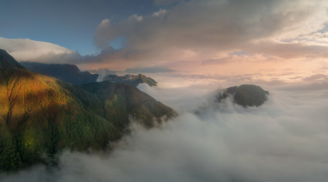 Misty Mountain Valley at Golden Sunrise