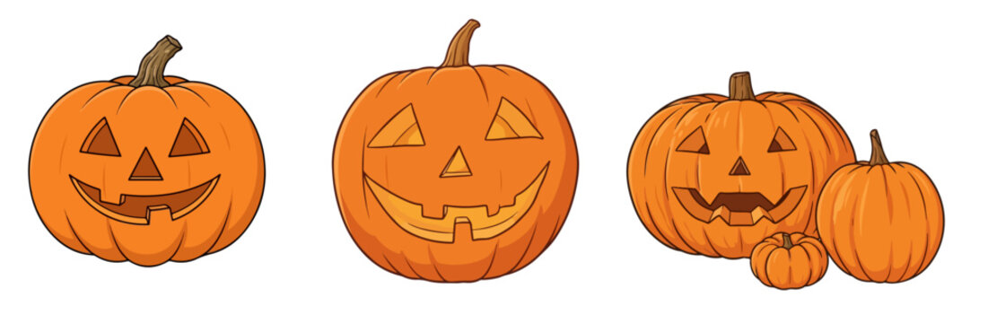 Halloween Carved Jack-o-Lantern Pumpkins Set Glowing Spooky Pumpkin Faces Vector Illustration Isolated on White Background