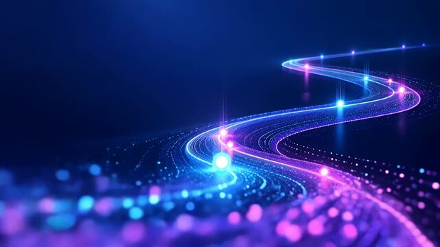 Glowing Digital Light Trail Curves Across Dark Blue Space With Colorful Particles and Futuristic Luminous Abstract Motion Energy