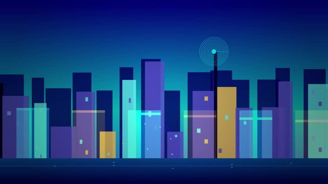 Stylized city skyline illustration with repeating buildings at night