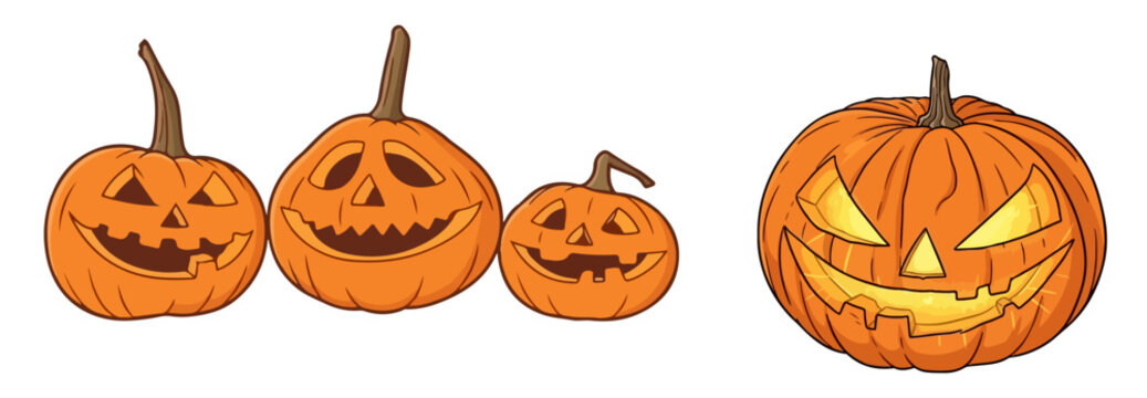 Halloween Carved Jack-o-Lantern Pumpkins Set Glowing Spooky Pumpkin Faces Vector Illustration Isolated on White Background