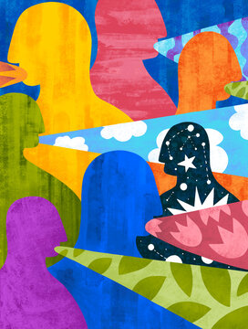 Colorful abstract figures in conversation during a creative event