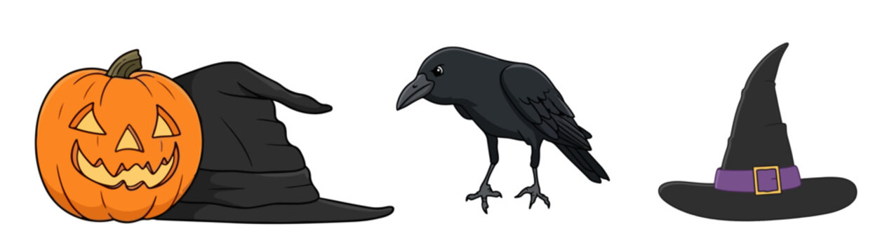 Spooky Halloween Witch Accessories Set Carved Jack-o-Lantern Pumpkin Black Raven Crow and Pointy Witch Hat Vector Illustration Isolated on White Background