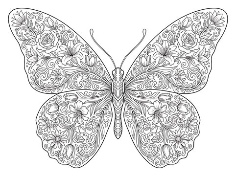 Beautiful butterfly coloring page with intricate floral zentangle patterns and botanical wings   