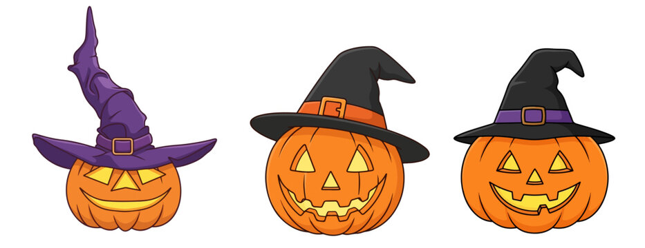 Glowing Halloween Witch Hat Jack-o-Lantern Pumpkins Set Purple and Black Buckled Witch Hats Vector Illustration Isolated on White Background