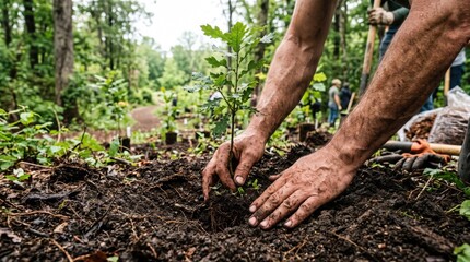 Fototapeta premium Volunteer Planting Young Tree Sapling in Forest Soil.