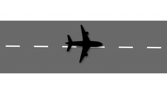 airplane flying motion graphic animation looping with track road runway, taxiway, apron, ramp. black aircraft flight with dashes line animation on transparent background, 4k video
