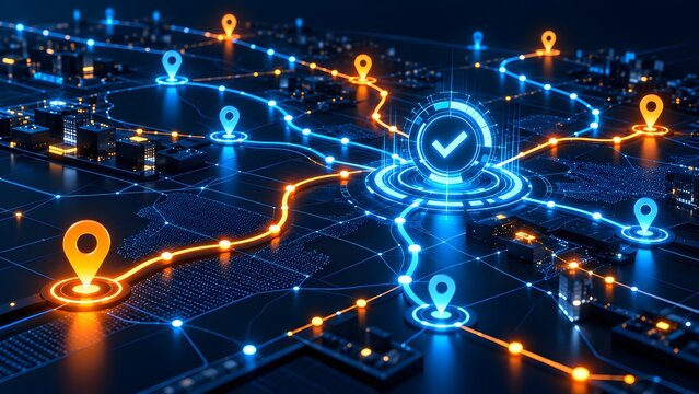 Digital global network map with glowing lines, location pins, and a central checkmark icon, depicting data connectivity and secure routes.