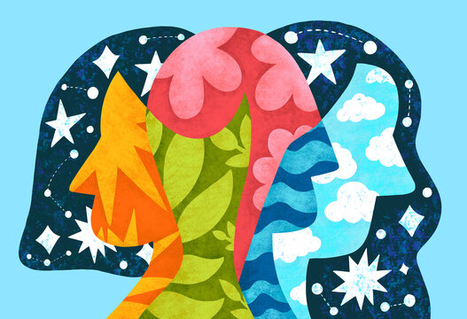 Human profiles are filled with different colors and patterns