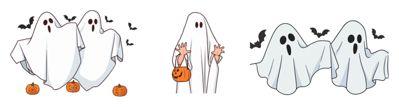 Cute Halloween Sheet Ghost Costumes Set Floating Spooky Ghosts with Bats and Pumpkin Trick or Treat Bucket Vector Illustration Isolated on White Background