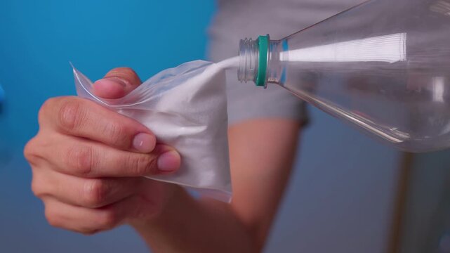 Hand tilting clear plastic bottle while white granules slide and settle across smooth tabletop beside second bottle in soft neutral light, creating simple product handling scene