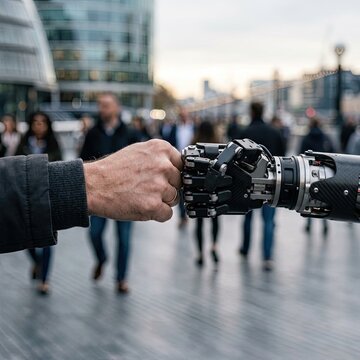 Human fist bumps a robotic arm in a city setting.