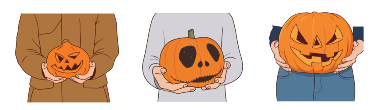Hands Holding Carved Jack-o-Lantern Pumpkins Set Spooky Halloween Character Costume Vector Illustration Isolated on White Background