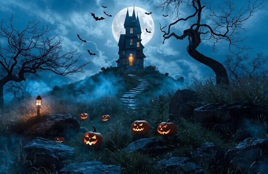 Holiday event halloween banner background concept Halloween background with pumpkins and haunted house - 3D render. Halloween background with Evil Pumpkin. Spooky scary dark Night forrest.