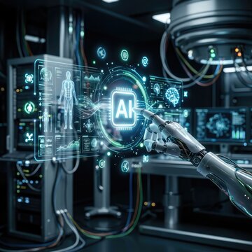 A robotic hand interacts with a futuristic AI interface displaying human anatomy and data.