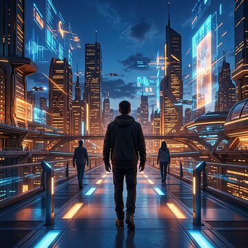 A person walks down a futuristic pathway towards a city illuminated by neon lights and holographic displays.