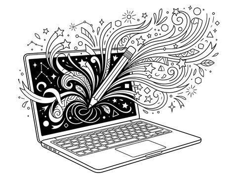 Detailed adult coloring page with an open laptop bursting with creative doodle elements, pencils, and stars   