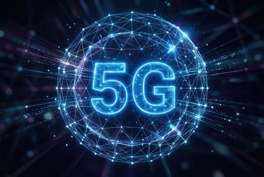 Futuristic globe with '5G' displayed in neon blue.