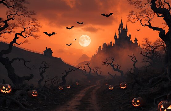 Holiday event halloween banner background concept Halloween background with pumpkins and haunted house - 3D render. Halloween background with Evil Pumpkin. Spooky scary dark Night forrest.