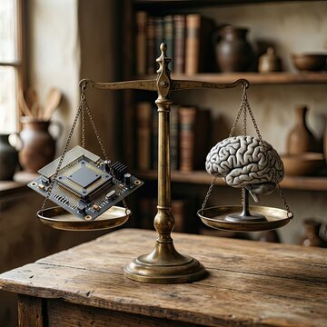 A balancing scale weighs a computer chip against a human brain, symbolizing the comparison between artificial and natural intelligence.