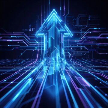 A futuristic digital arrow ascends through a network of glowing blue and purple circuit lines on a dark background.