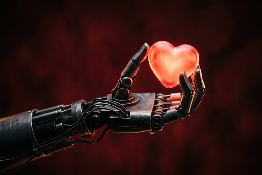 A robotic hand delicately holds a glowing red heart, symbolizing artificial intelligence and emotion.