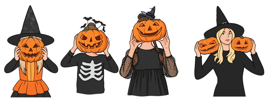 Halloween Costume Characters Holding Carved Jack-o-Lantern Pumpkins Set Spooky Witch Skeleton Vector Illustration Isolated on White Background