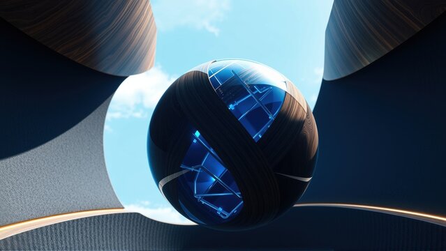 Futuristic sphere suspended within abstract architecture. Blue light emanates from internal circuitry, contrasting dark wood tones. Sky visible above.