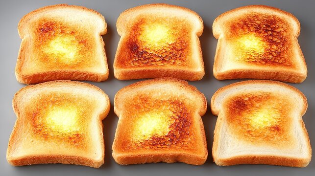 Six slices toasted white bread two by three grid light grey background, toasting level variation from light golden to dark brown almost charred, 