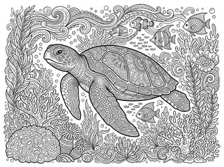 Fototapeta premium Detailed adult coloring page featuring an ornate sea turtle swimming through an intricate underwater coral reef with small fish 