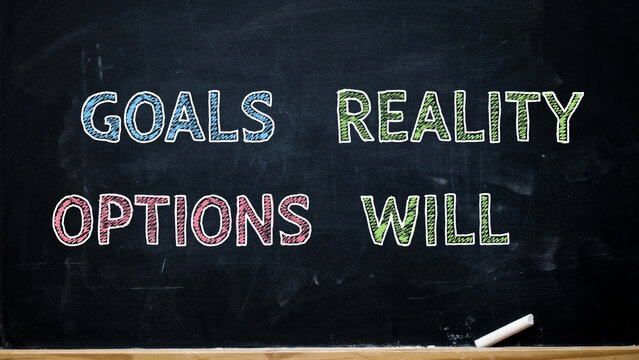 Chalkboard displays motivational words about goals reality options