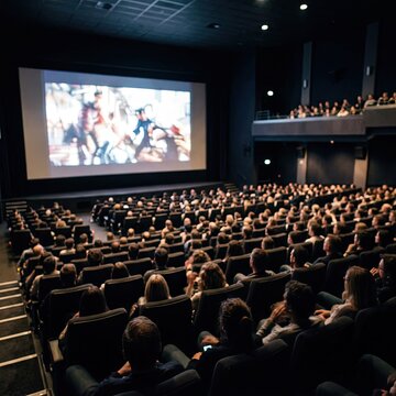 An audience watches a movie in a darkened cinema.